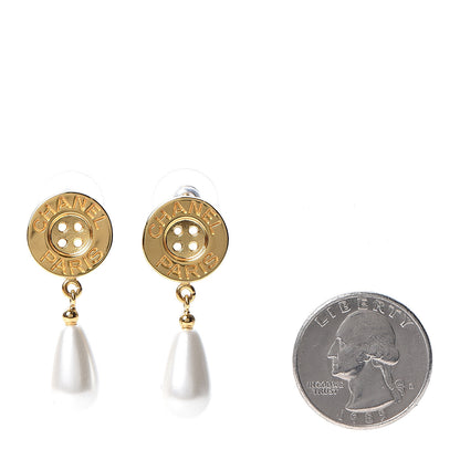 Chanel Metal Pearl Paris Button Drop Earrings Gold 2 of 5