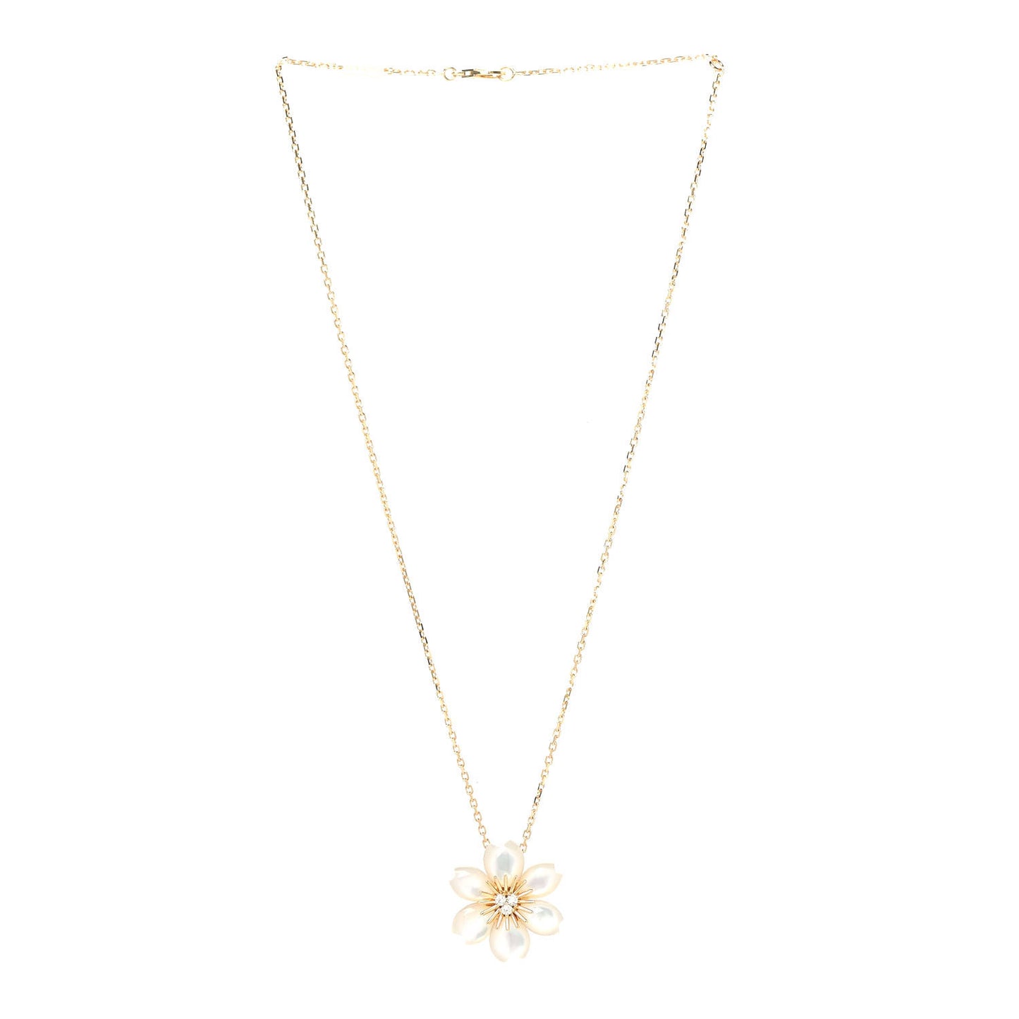 18K Yellow Gold Diamond Mother of Pearl Mini Rose De Noel Pendant Necklace