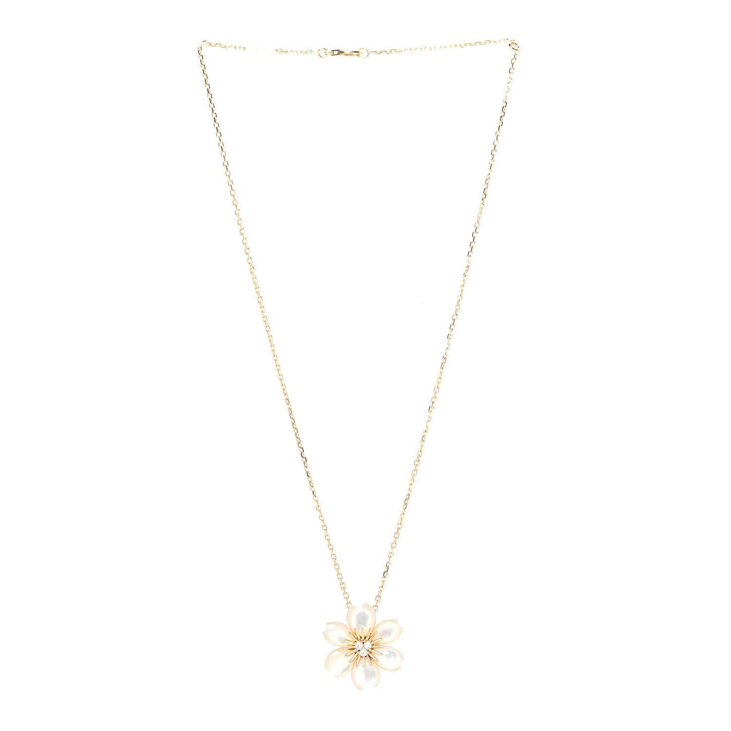 Van Cleef & Arpels 18K Yellow Gold Diamond Mother of Pearl Mini Rose De Noel Pendant Necklace 3 of 6