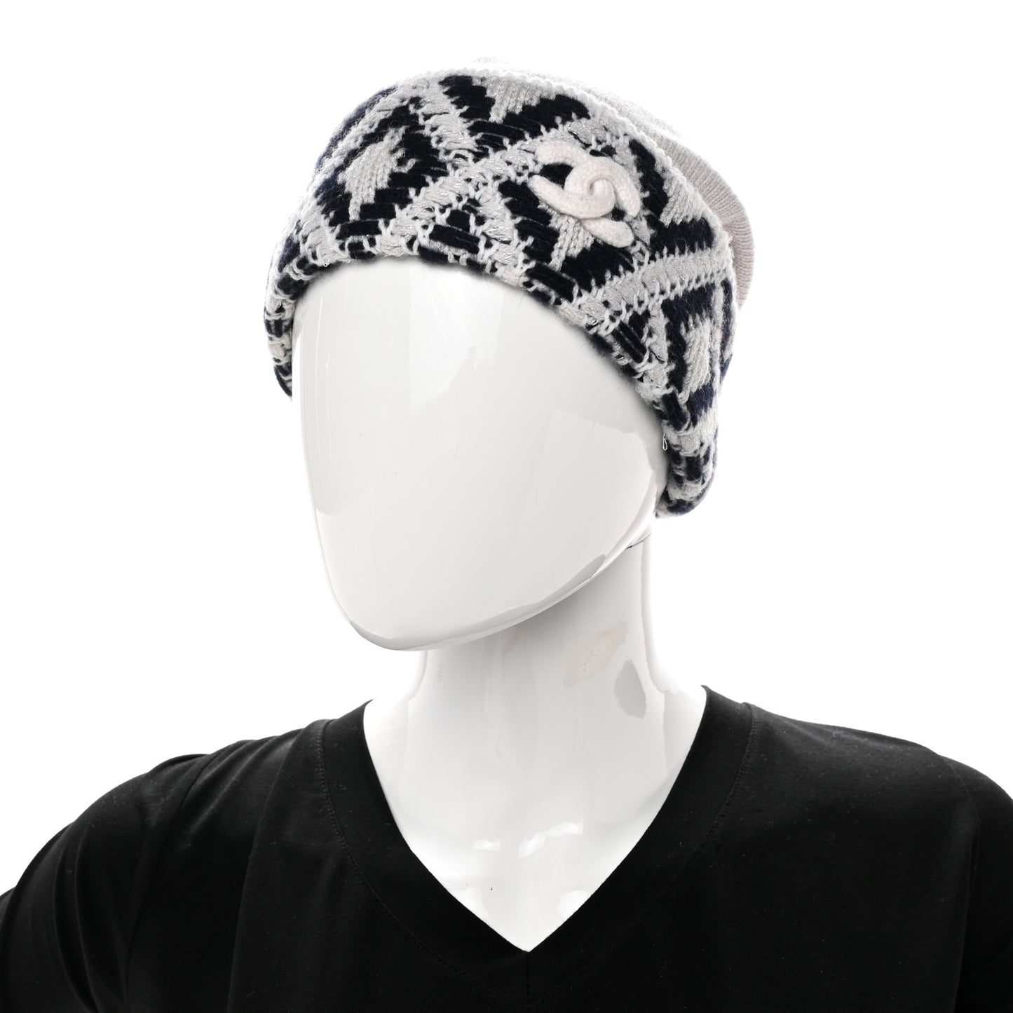 Cashmere Blend CC Beanie Hat White Navy Blue