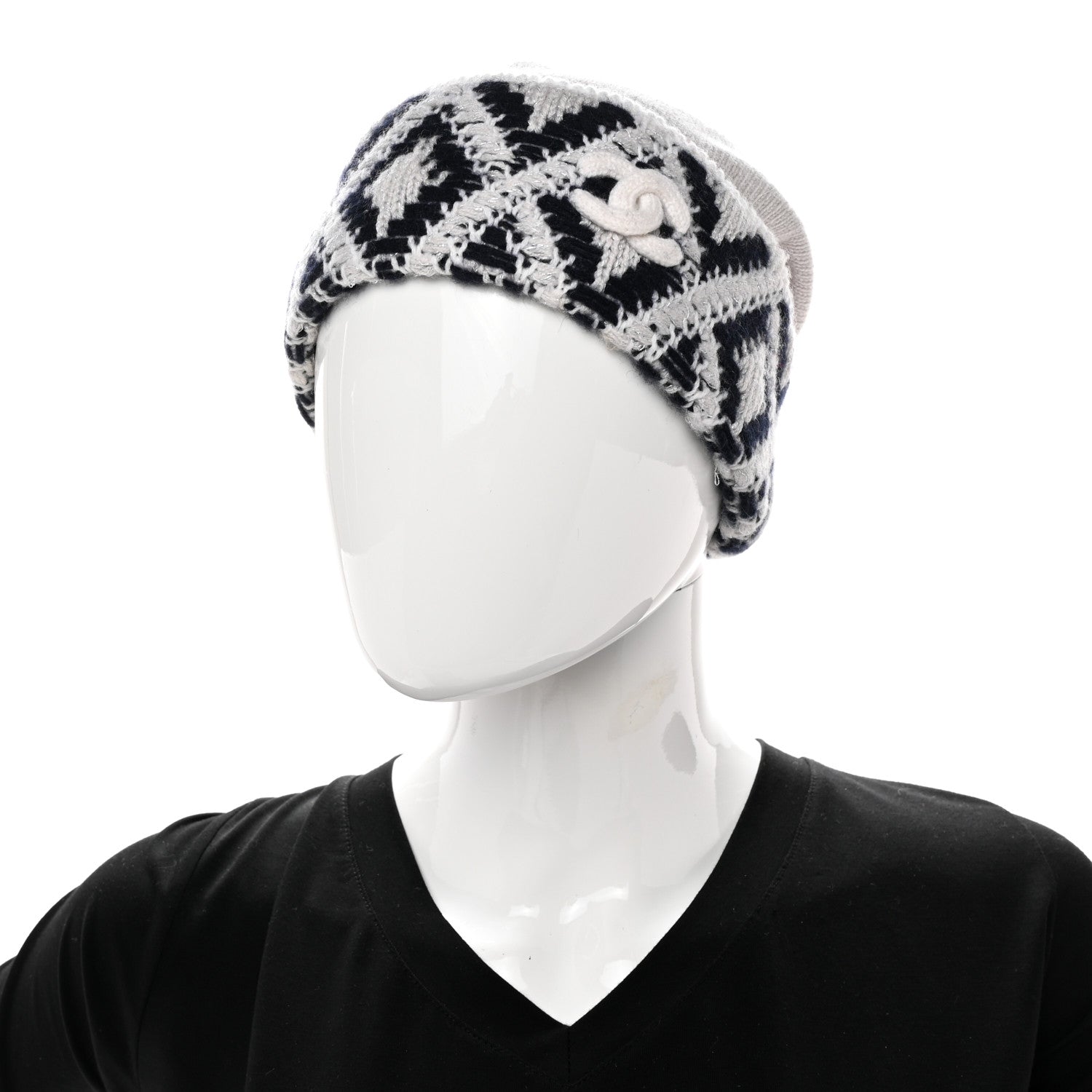 Chanel Cashmere Blend CC Beanie Hat White Navy Blue 2 of 6