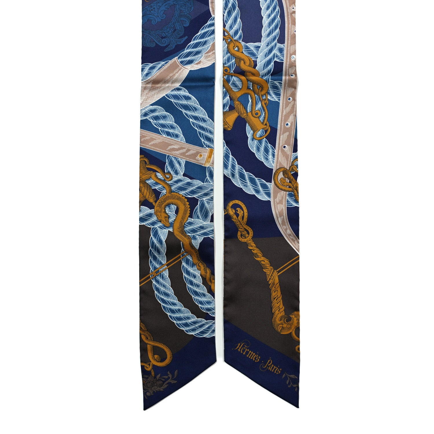 Hermes Silk Maxi Della Cavalleria Twilly Indigo Gold Marron 2 of 4