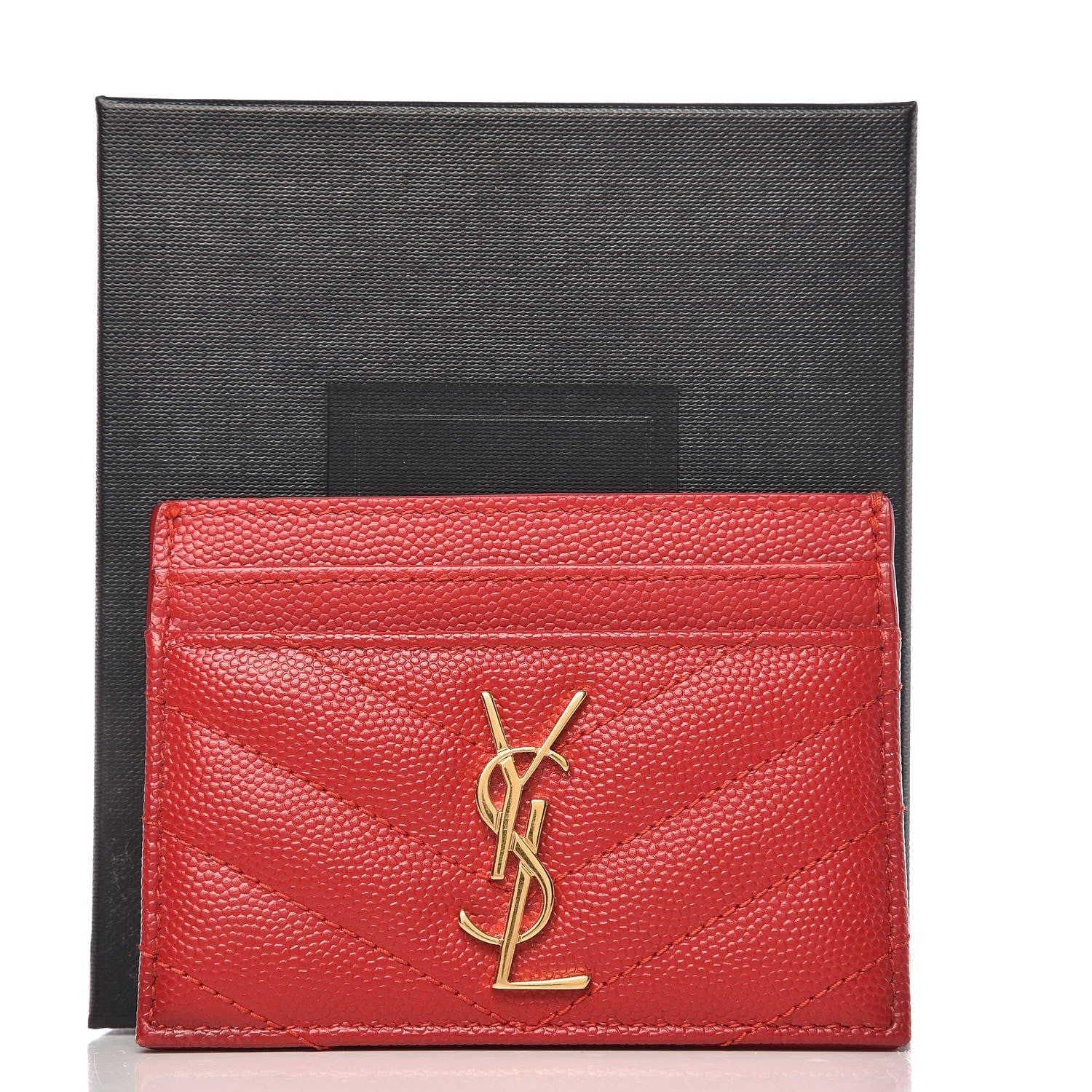 Saint Laurent Grain De Poudre Matelasse Chevron Monogram Credit Card Case New Red 8 of 10