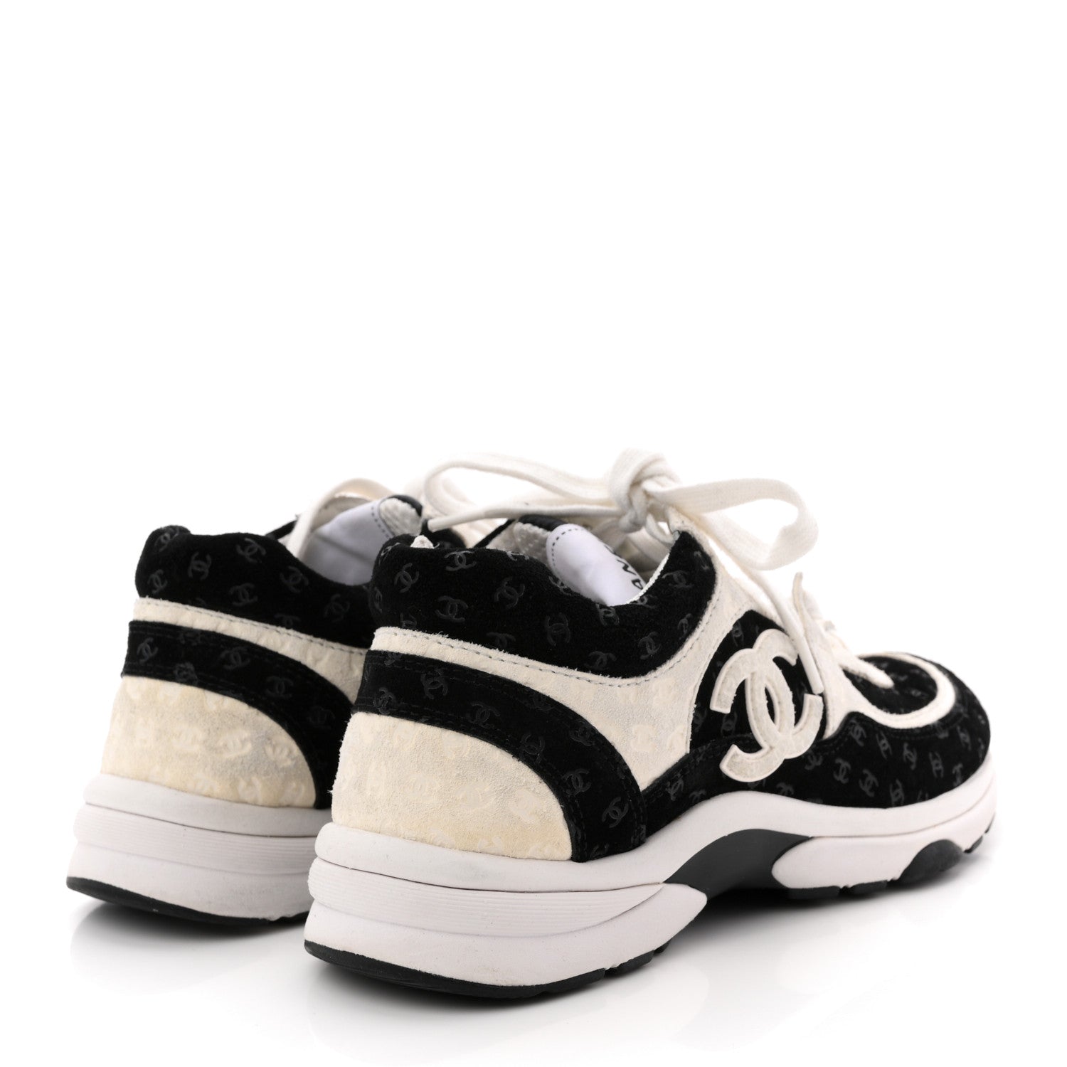 Chanel Nylon Suede Calfskin Printed CC Sneakers 36 White Black