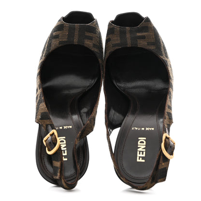 Fendi Zucca Slingback Platform Peep Toe Pumps 37.5 Tobacco Black 2 of 8