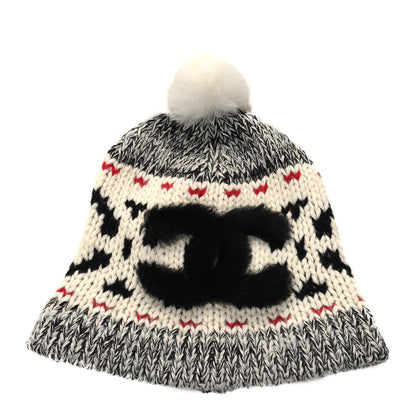 Chanel Wool Shearling CC Beanie Hat Grey Black Red 1 of 4