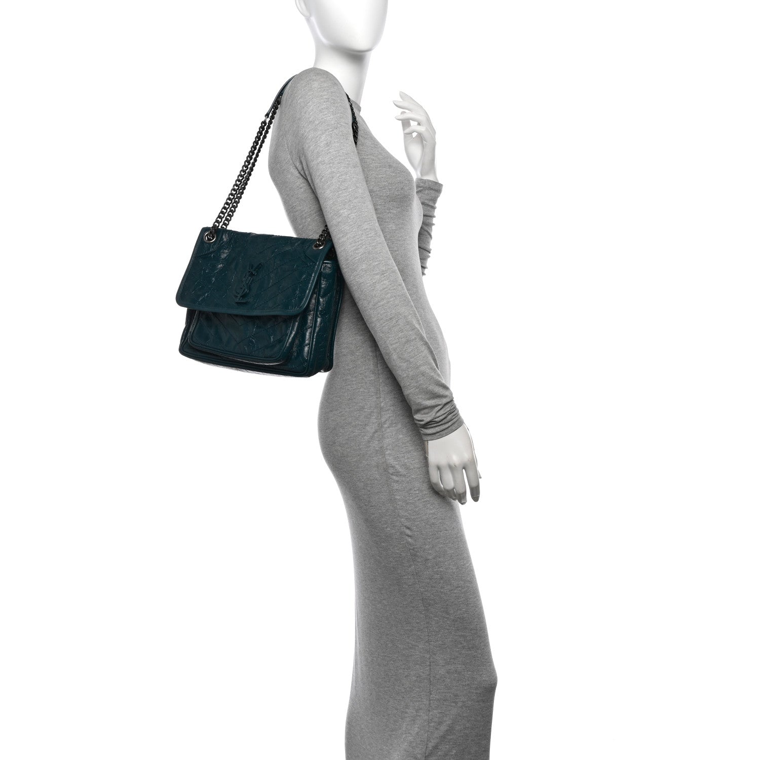 Saint Laurent Crinkled Calfskin Matelasse Monogram Medium Niki Chain Satchel Peacock Green 2 of 12