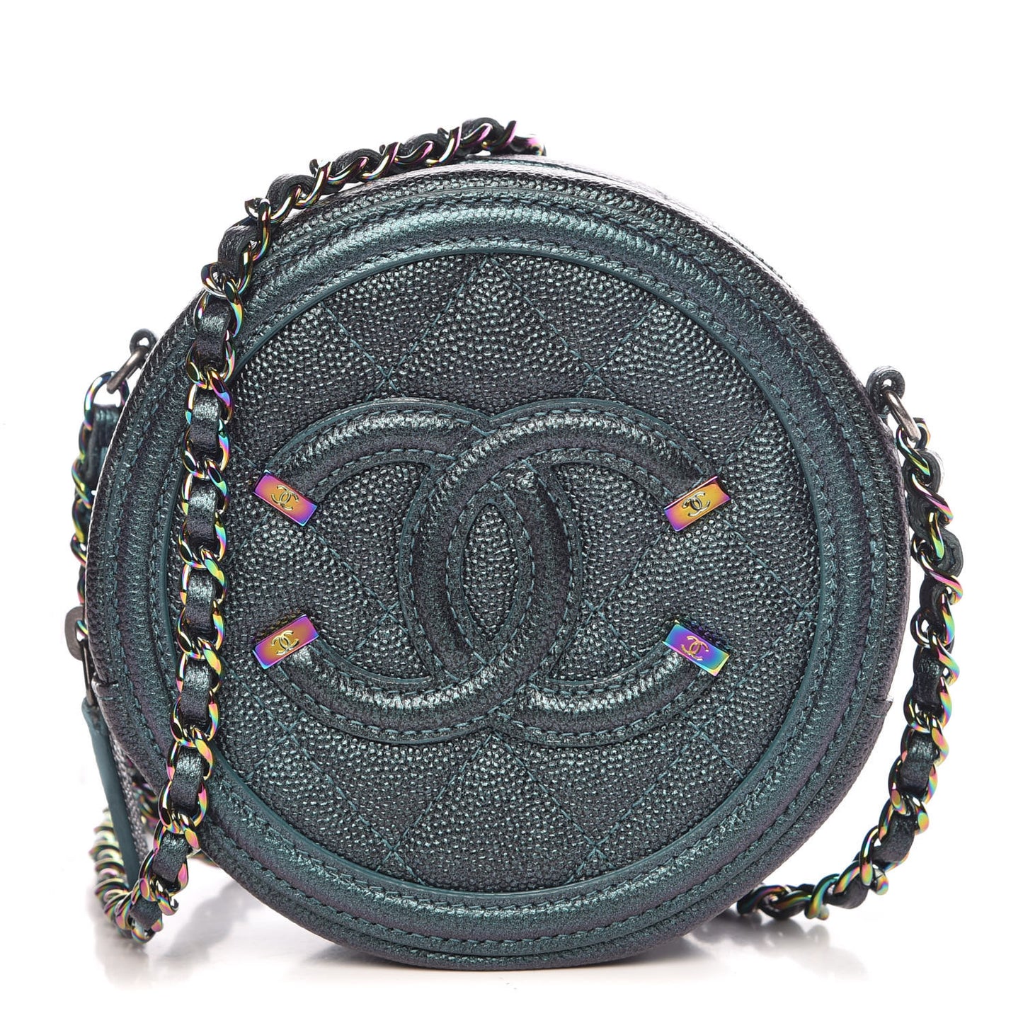 Iridescent Caviar Quilted Round Filigree Crossbody Dark Turquoise