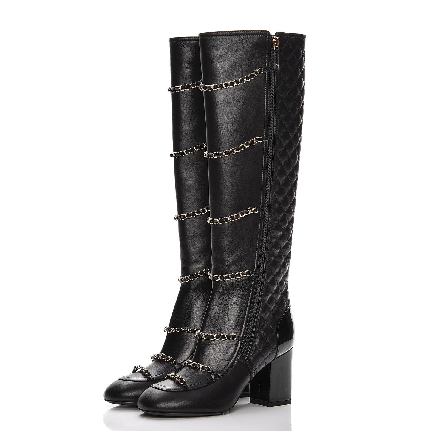 Lambskin Patent Calfskin Chained High Boots 37 Black