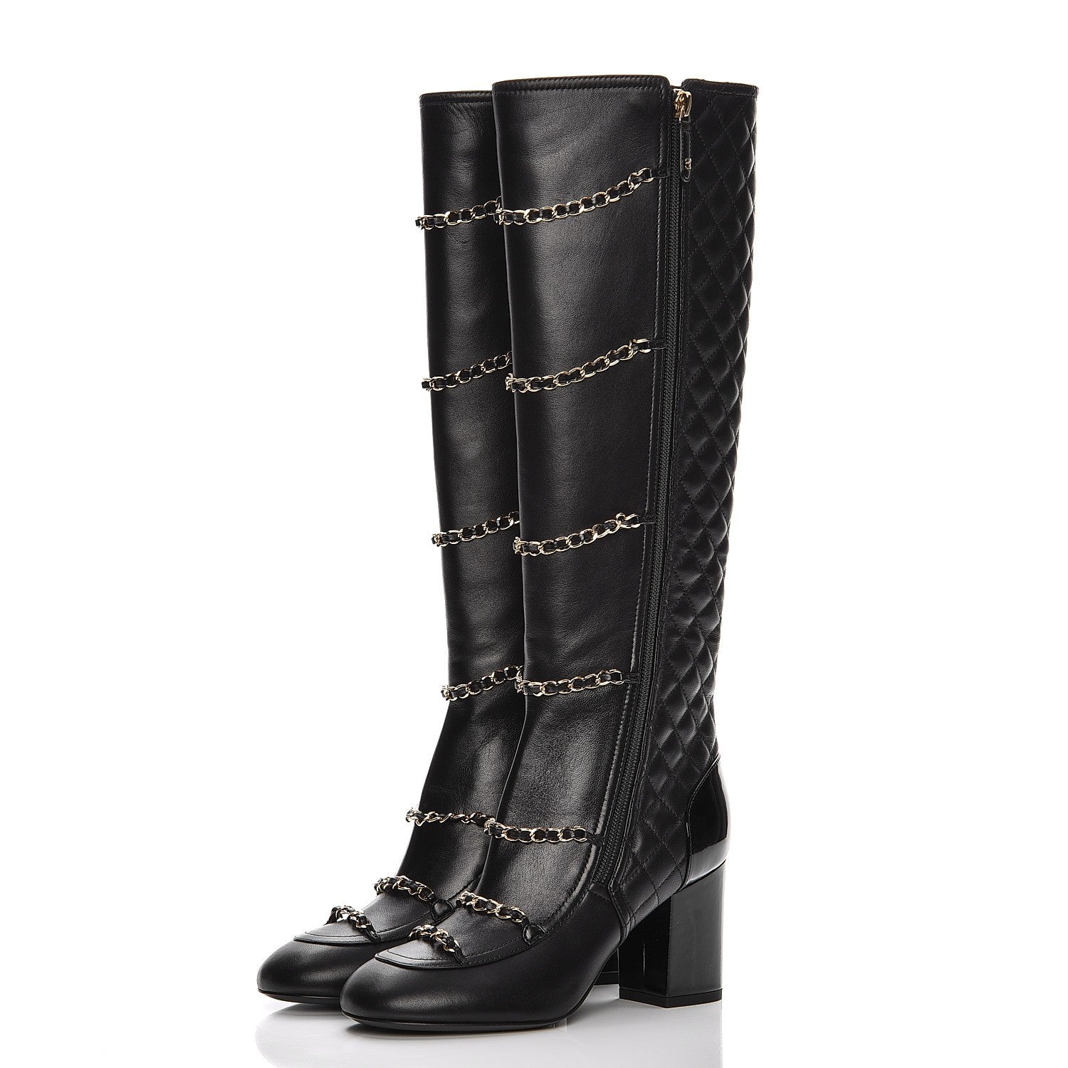 Chanel Lambskin Patent Calfskin Chained High Boots 37 Black 2 of 10
