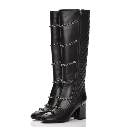 Chanel Lambskin Patent Calfskin Chained High Boots 37 Black 2 of 10