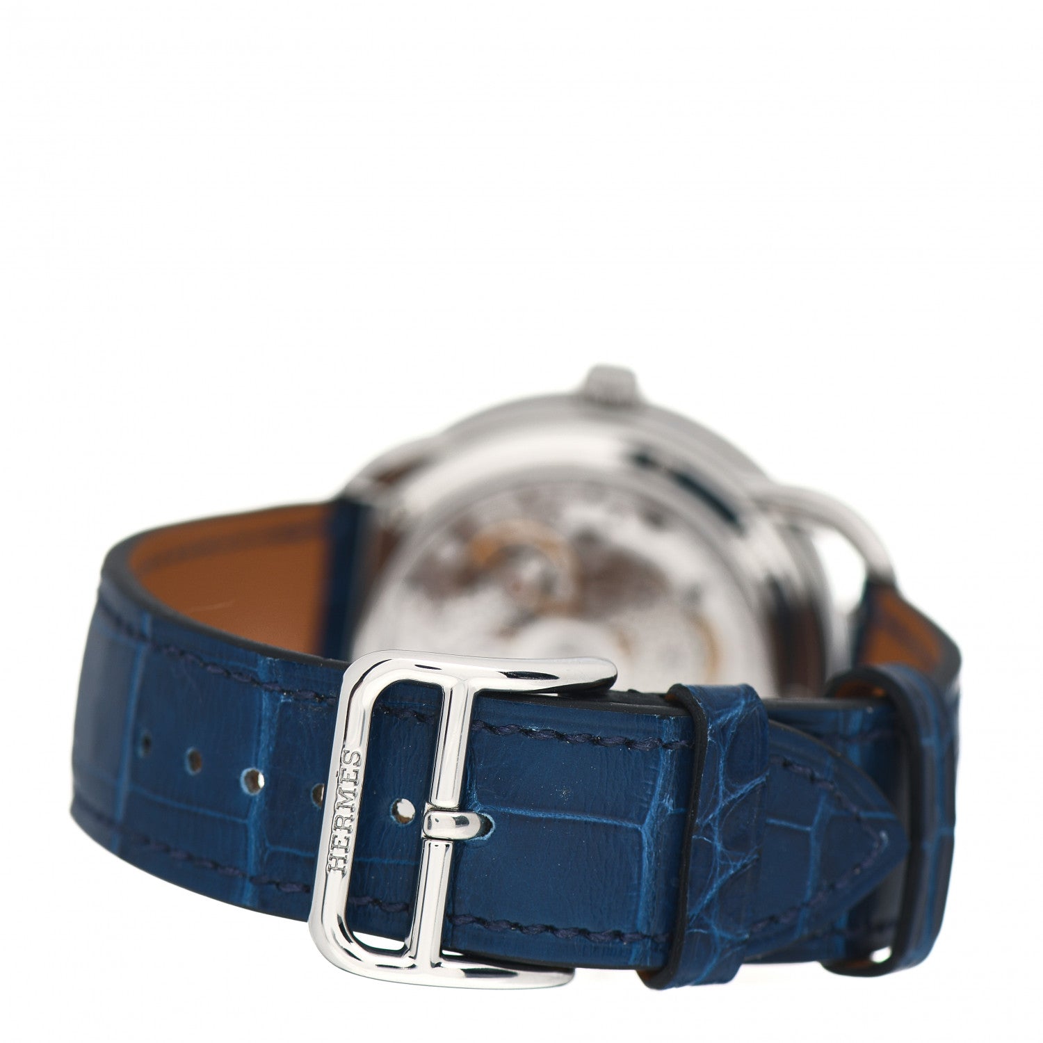 Hermes Stainless Steel Alligator Diamond Blue Sapphire Mother of Pearl 38mm Arceau Petite Lune Automatic Watch Bleu Saphir 3 of 5