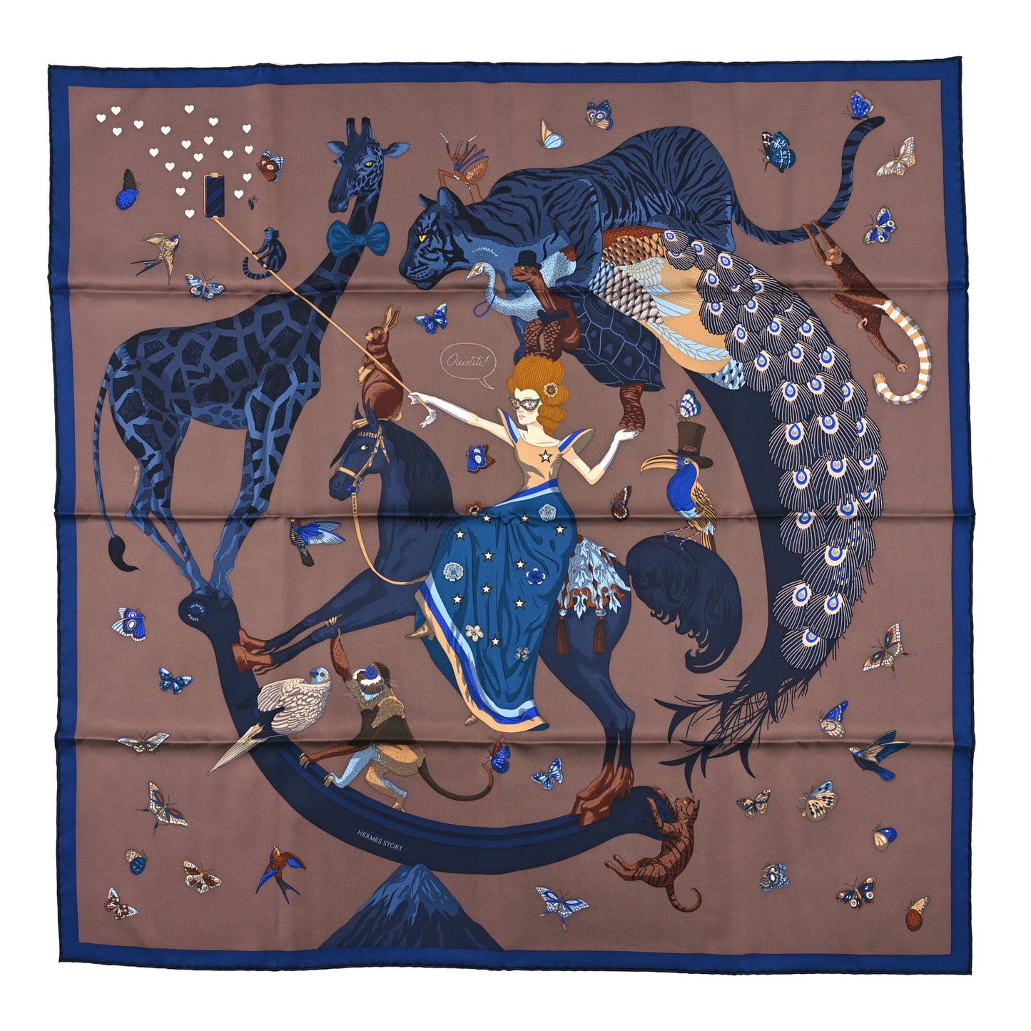 Silk Hermes Story Scarf 90 Marron Glace Bleu