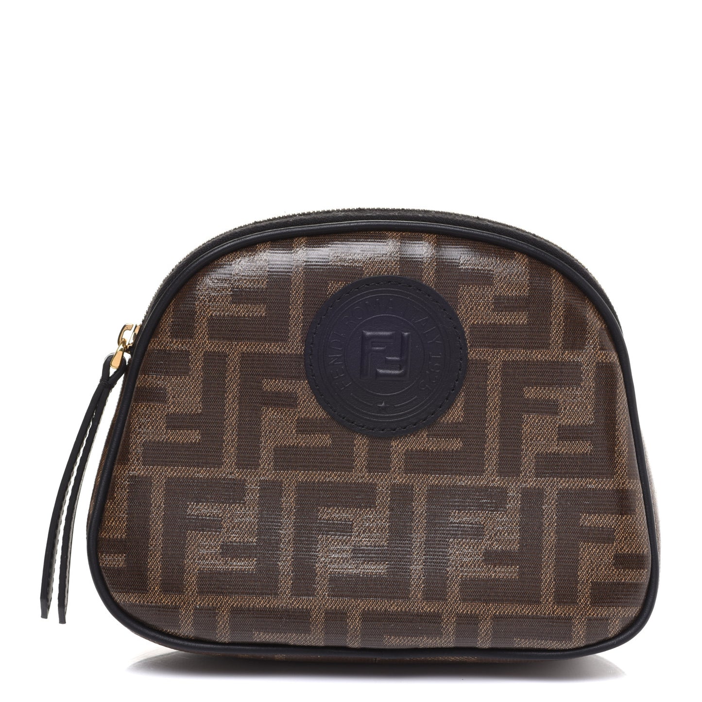 Glazed Fabric Vitello Century FF 1974 Stamp Patch Medium Cosmetic Case Mogano Panna Black