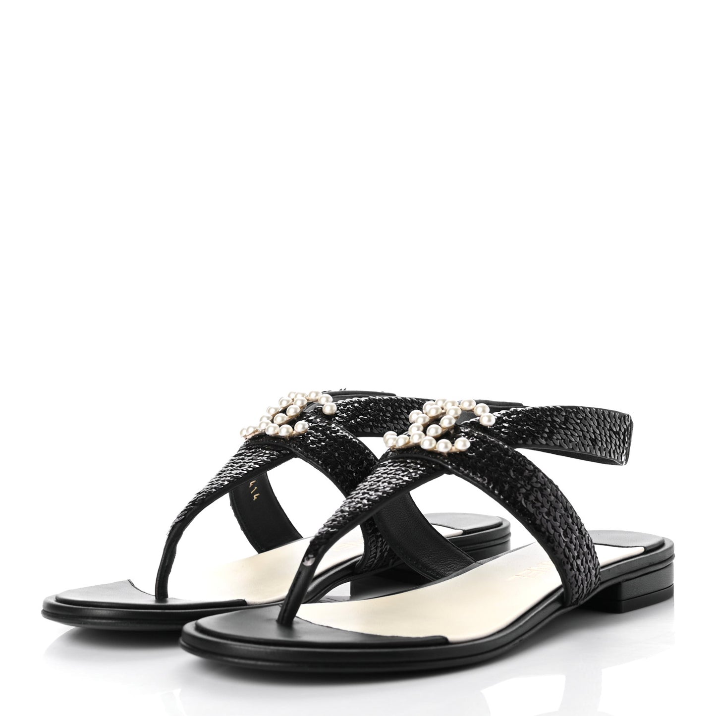 Lambskin Sequin Pearl CC Thong Sandals 38 Black