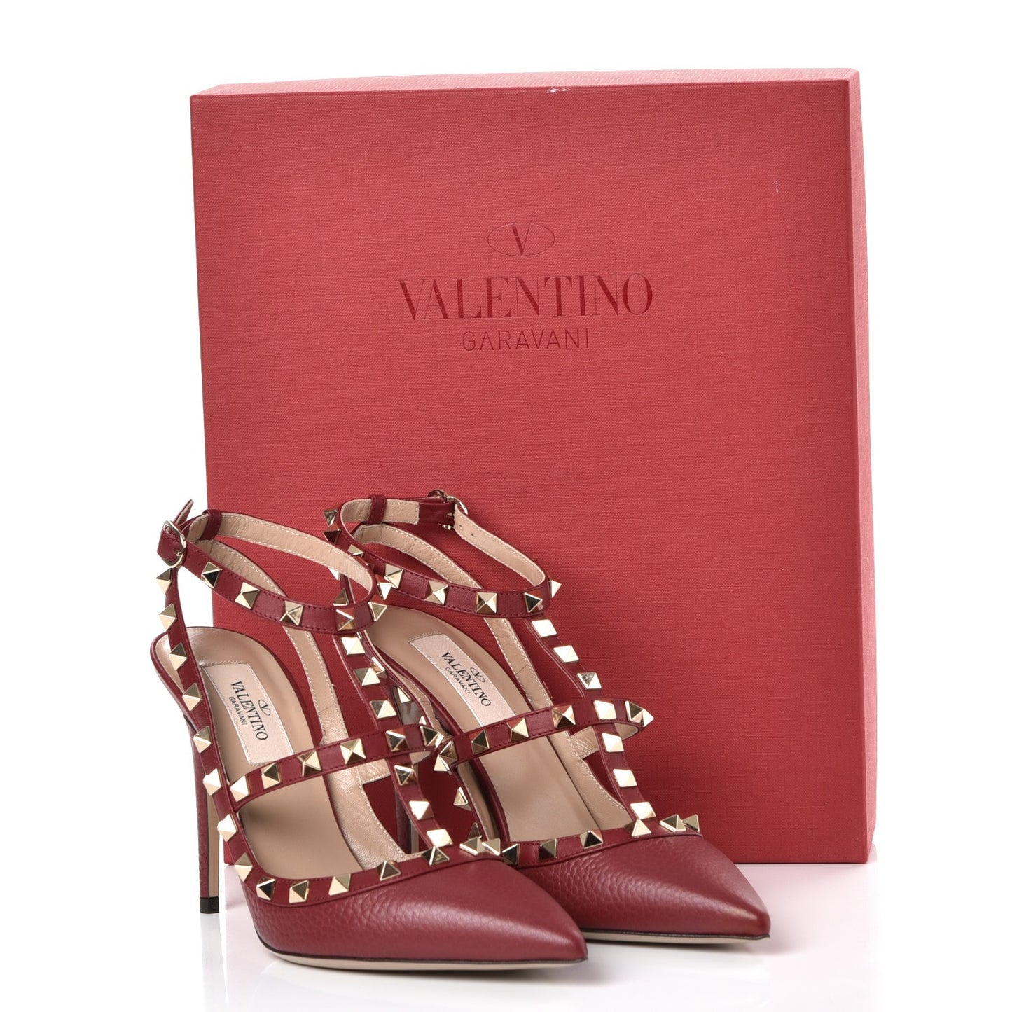 Pebbled Calfskin Rockstud Ankle Strap Pumps 37.5 Rubino