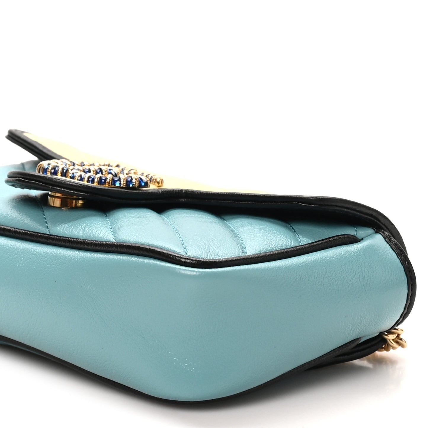 Azalea Calfskin Enamel Matelasse Diagonal Super Mini Torchon GG Marmont Shoulder Bag Butter Dusty Azure Black Electric Blue