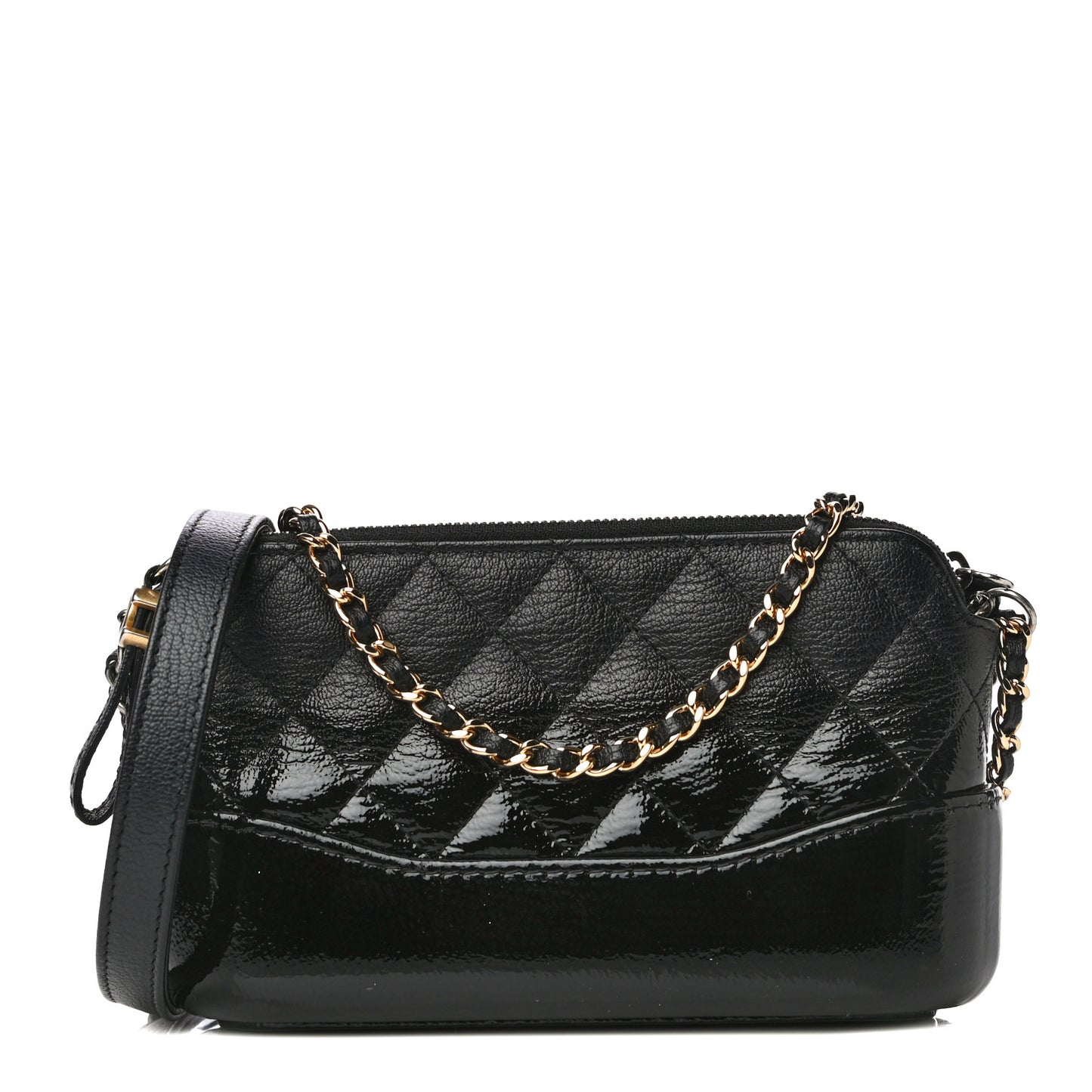 Patent Goatskin Quilted Small Gabrielle Clutch With Chain Black