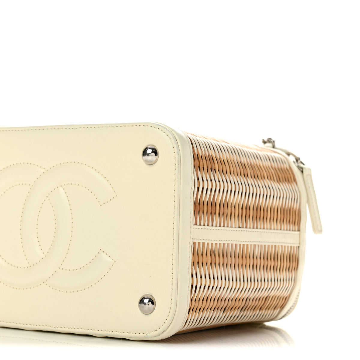 Glazed Calfskin Raffia Vanity Case Bag White Beige