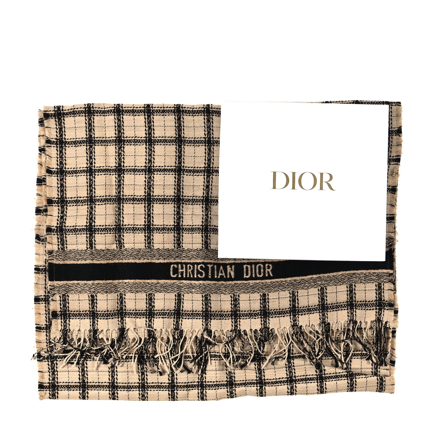 Christian Dior Wool Silk Fringe Scarf Beige Black 3 of 3