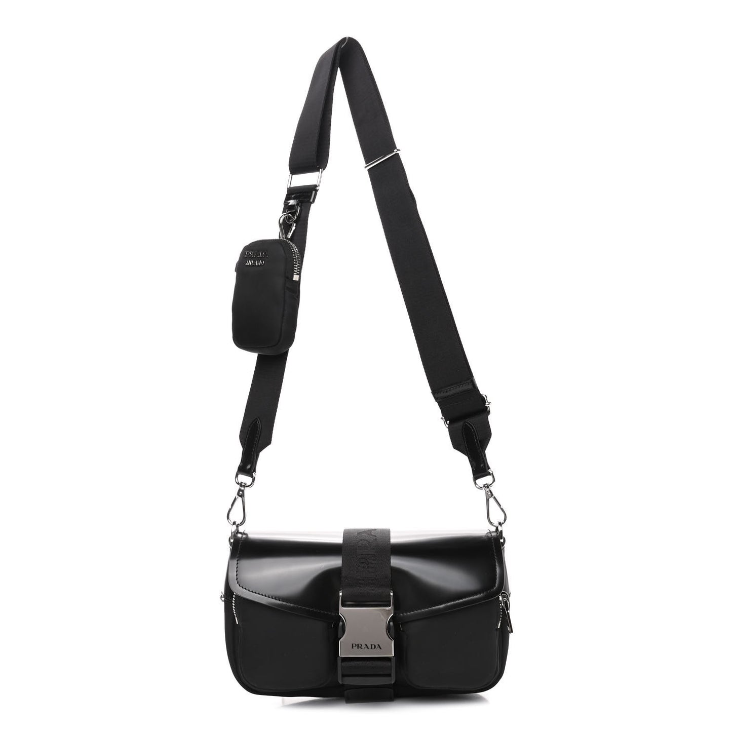 Re-Nylon Spazzolato Double Pocket Buckle Shoulder Bag Black