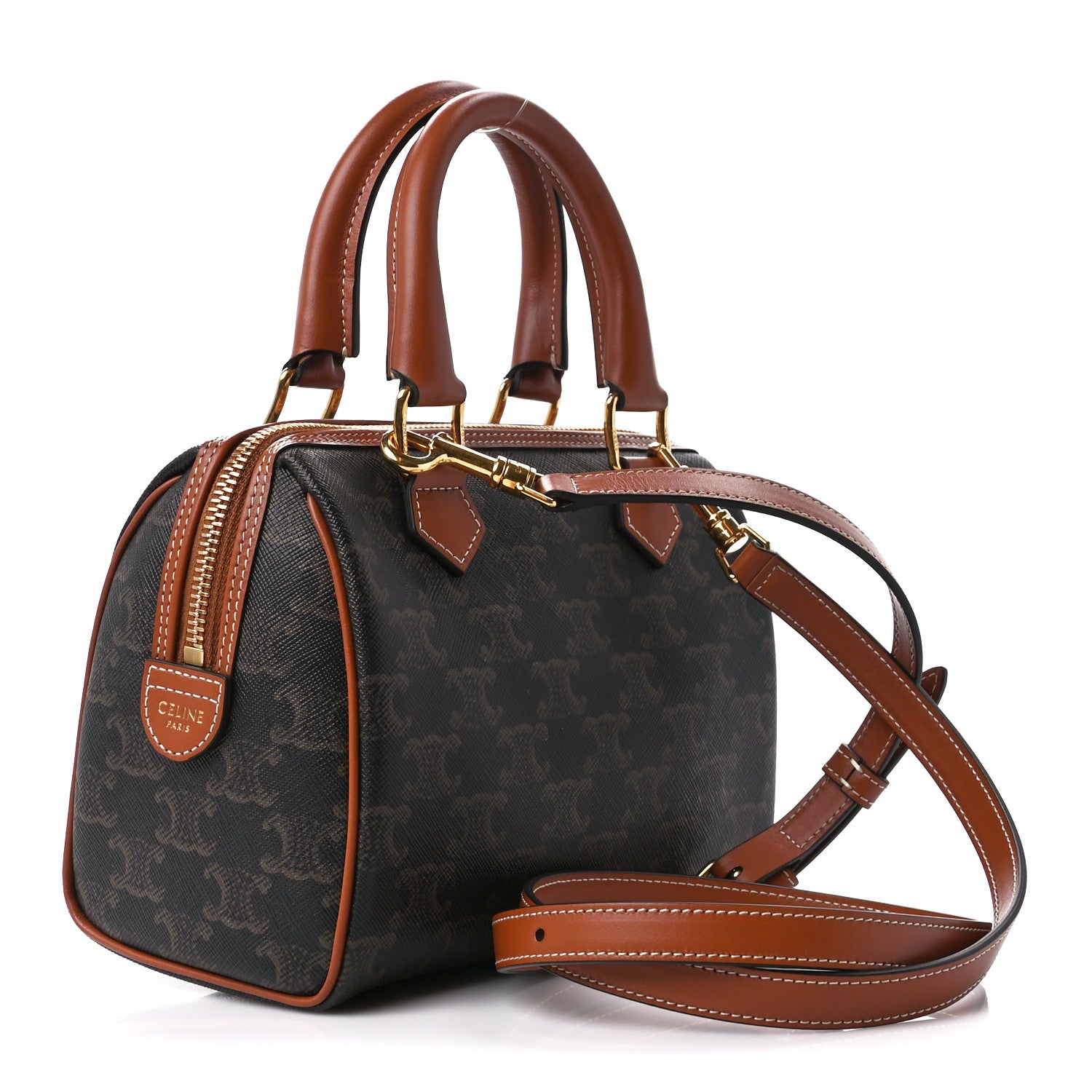 Celine Triomphe Canvas Calfskin Small Boston Bag Tan 3 of 12