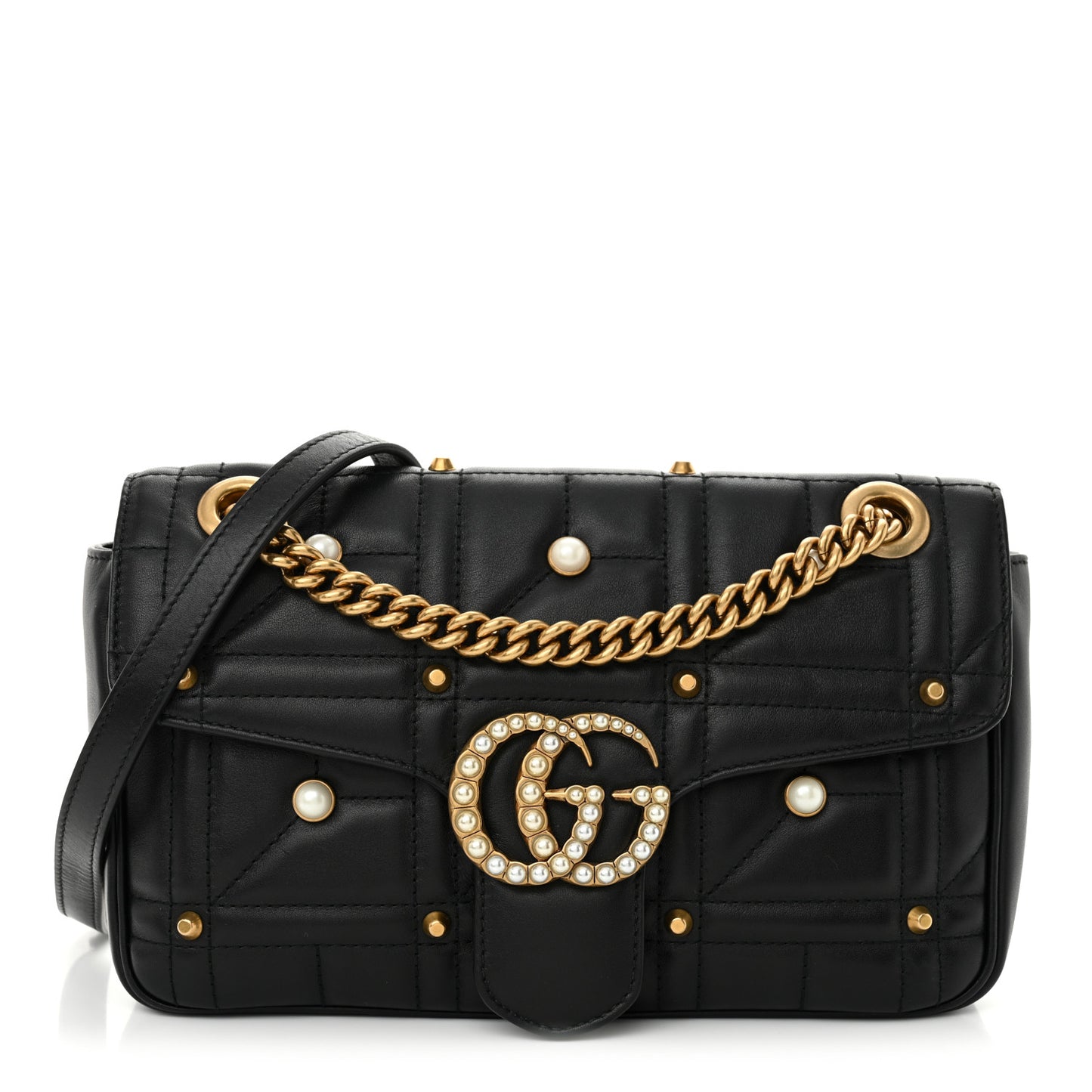 Calfskin Matelasse Studded Small Pearly GG Marmont Shoulder Bag Black