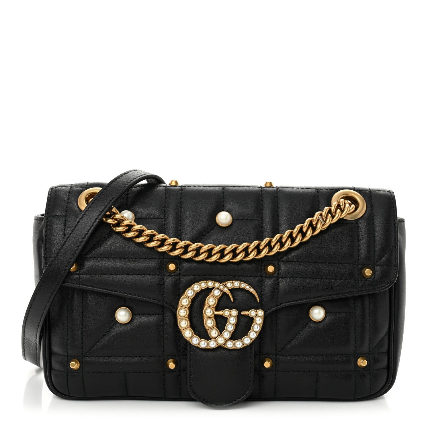 Gucci Calfskin Matelasse Studded Small Pearly GG Marmont Shoulder Bag Black 1 of 10