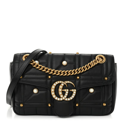 Gucci Calfskin Matelasse Studded Small Pearly GG Marmont Shoulder Bag Black 1 of 10