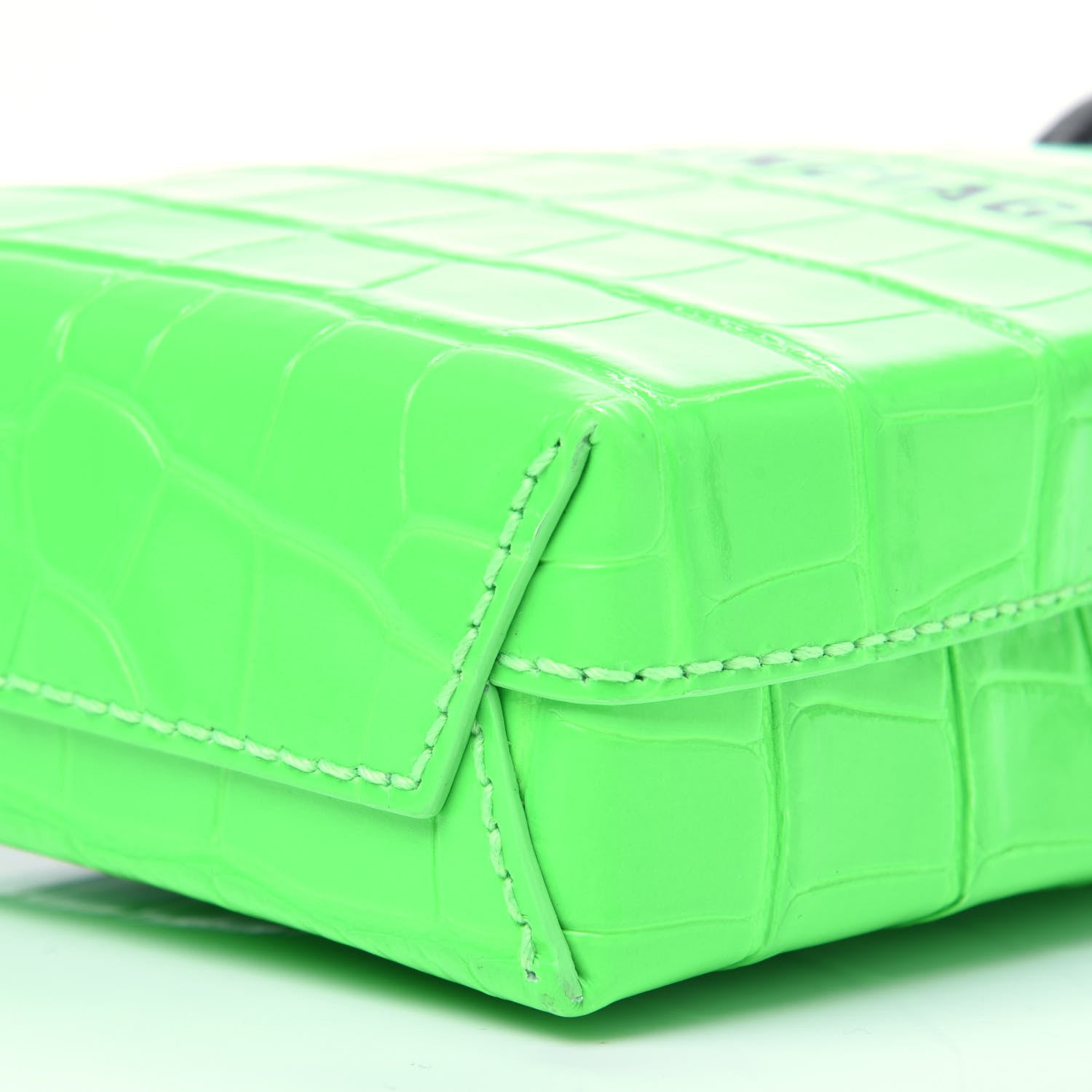 Balenciaga Shiny Calfskin Crocodile Embossed Logo Shopping Phone Holder Bag Fluo Green Black 10 of 14