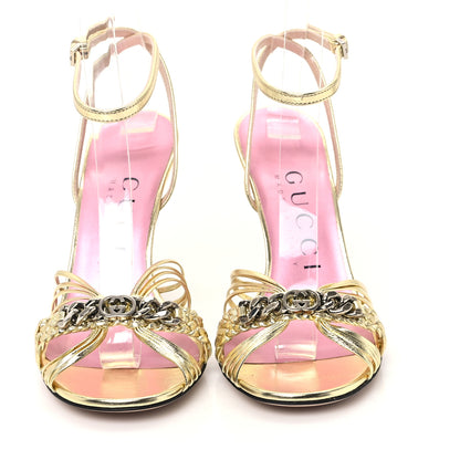 Gucci Metallic Nappa Silk Interlocking G Strap Sandals 35.5 Platino 3 of 9