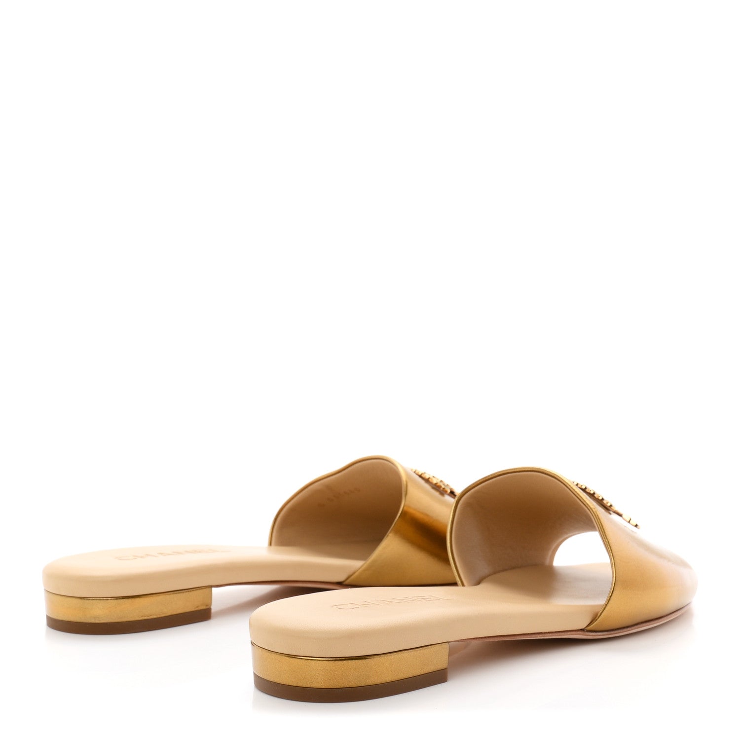 Chanel Laminated Lambskin Enamel CC Mules Sandals 39 Beige 1914572