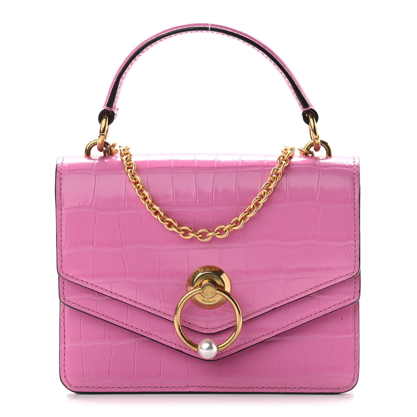 Calfskin Crocodile Embossed Small Harlow Satchel Raspberry Pink