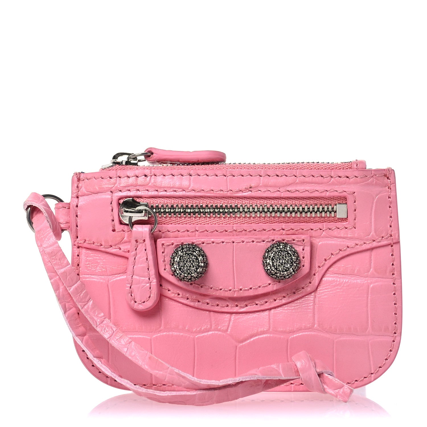 Balenciaga Calfskin Crocodile Embossed Crystal Le Cagole Coin Card Holder Sweet Pink 1 of 7