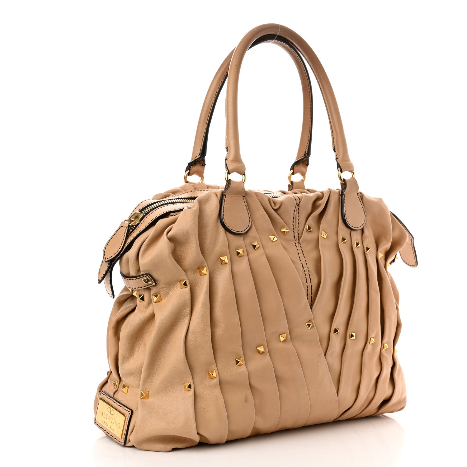 Valentino Garavani Lambskin Pleated Studded Maizeon Tote Tan 3 of 16