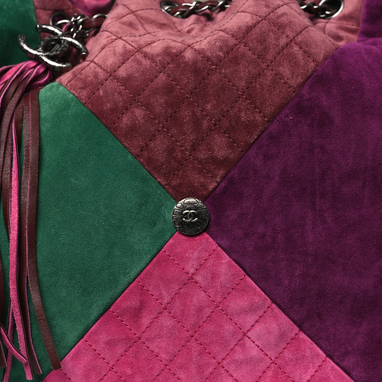 Suede Quilted Patchwork Drawstring Bag Green Pink Purple Burgundy