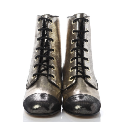 Chanel Laminated Calfskin CC Lace Up Short Boots 39.5 Silver Black 2 of 8