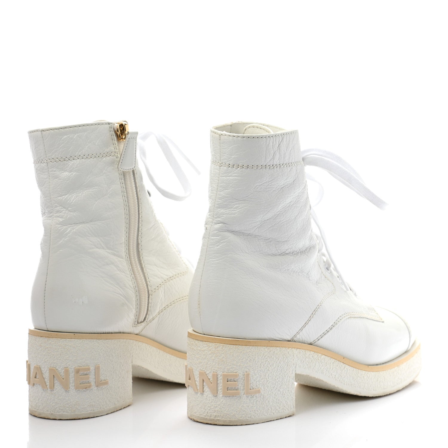 Chanel Shiny Crumpled Lambskin Lace Up Combat Boots 37 White 4 of 11