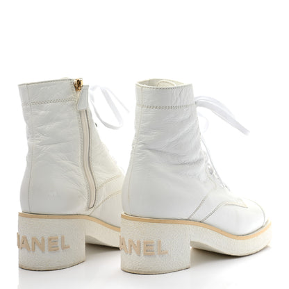 Chanel Shiny Crumpled Lambskin Lace Up Combat Boots 37 White 4 of 11