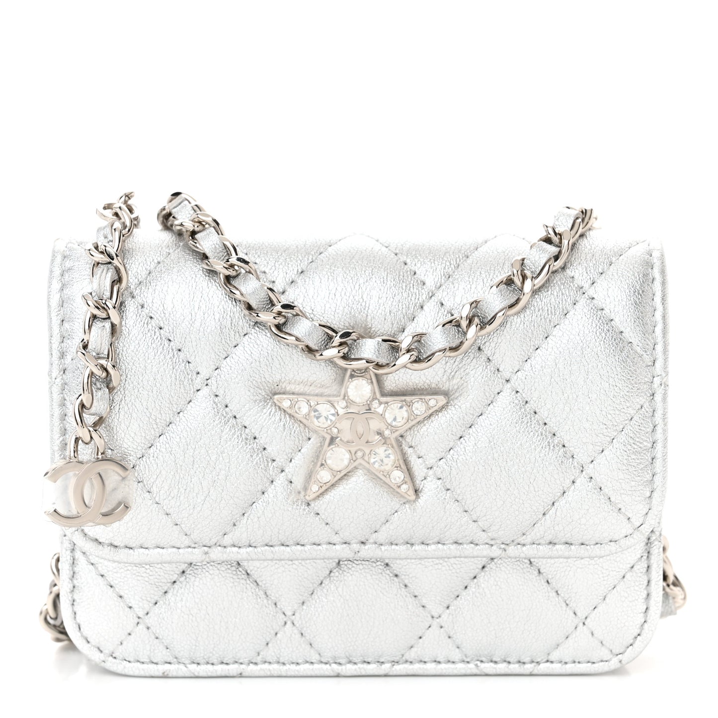 Metallic Goatskin Quilted Crystal CC Walk Of Fame Clutch With Chain Silver