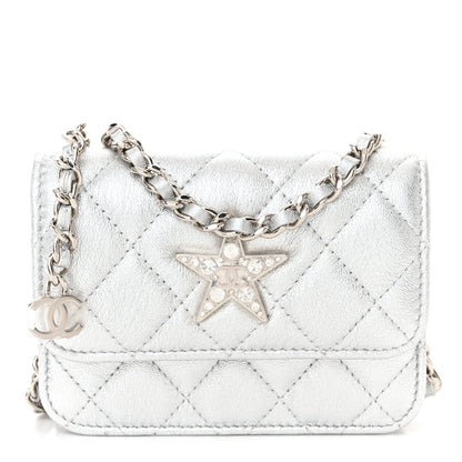 Chanel Metallic Goatskin Quilted Crystal CC Walk Of Fame Clutch With Chain Silver 1 of 13