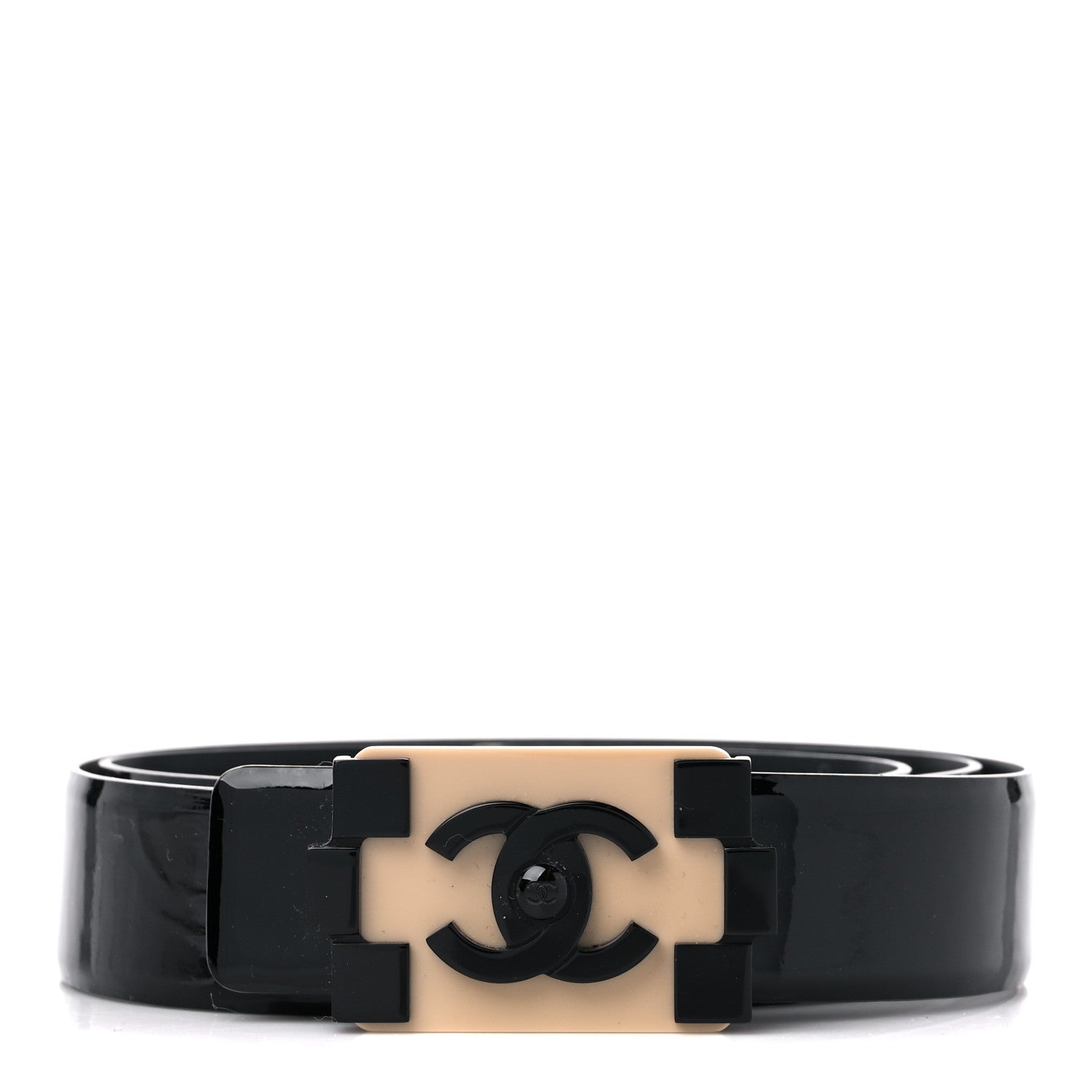 Chanel Patent Plexiglass CC Boy Belt 90 36 Black Beige 1 of 6