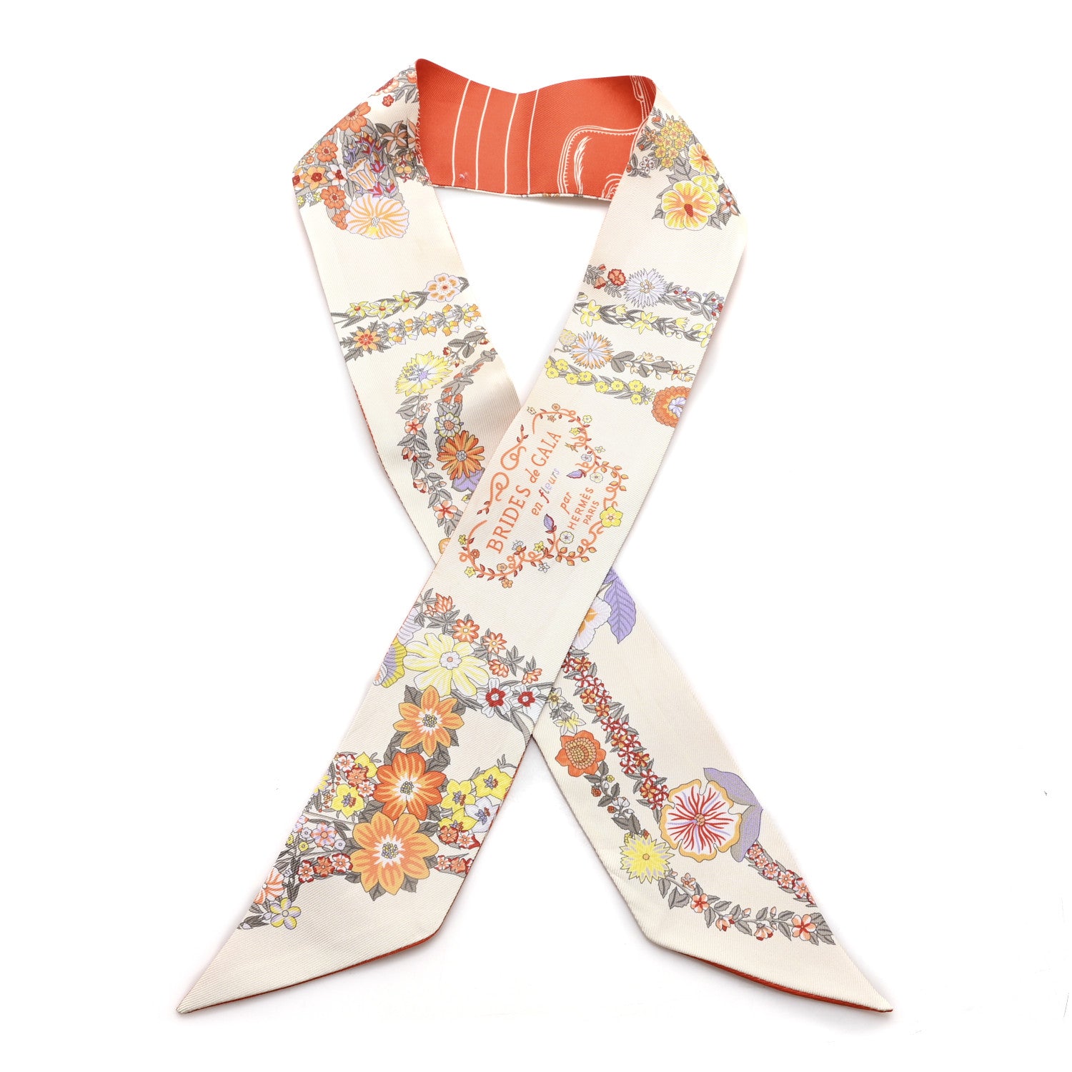 c*e様 HERMES 花柄 シルク ノースリーブ 38 Hermes Silk Brides De Gala En Fleurs Twilly Vanille Orange Kaki