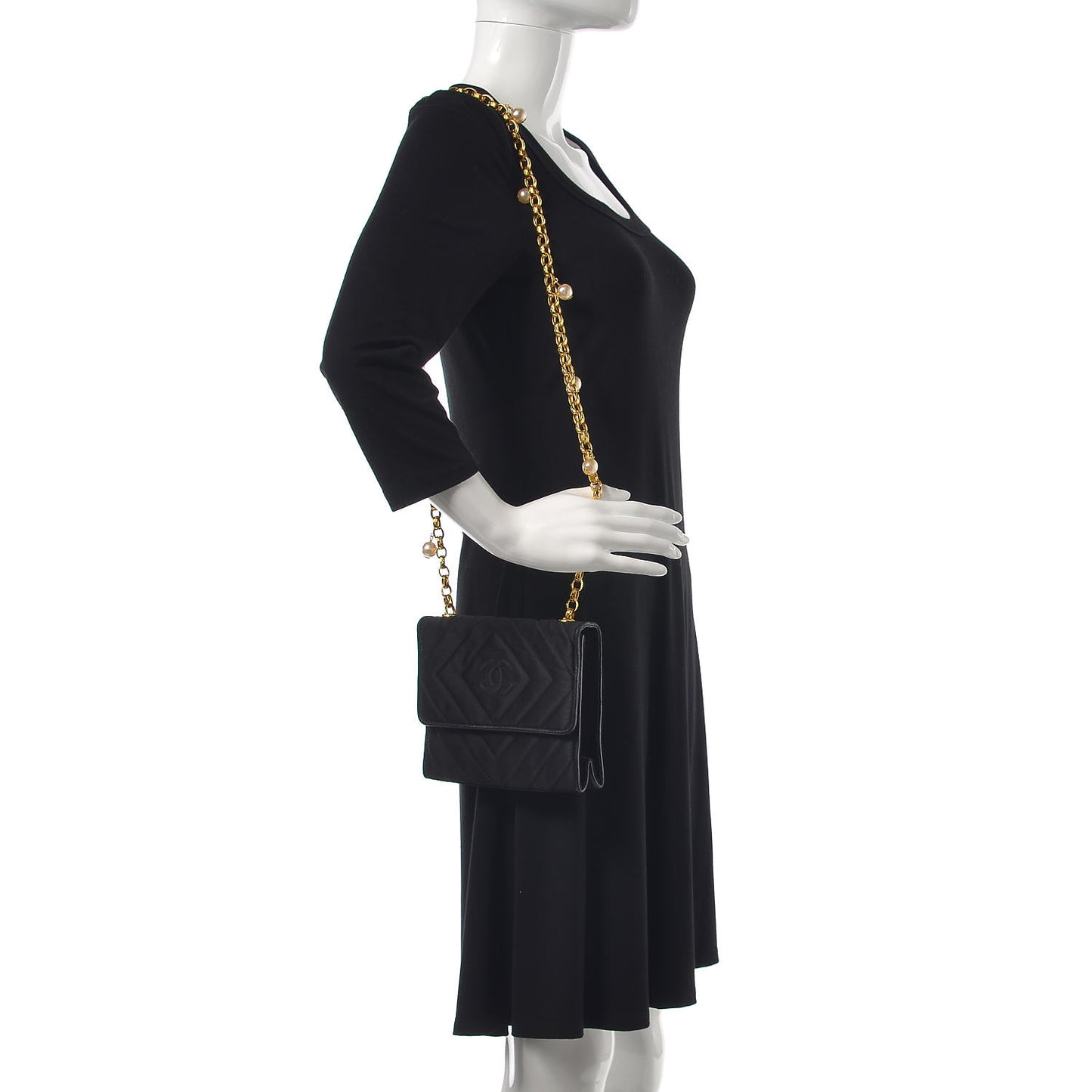 Satin Chevron Quilted Pearl Mini Square Flap Black
