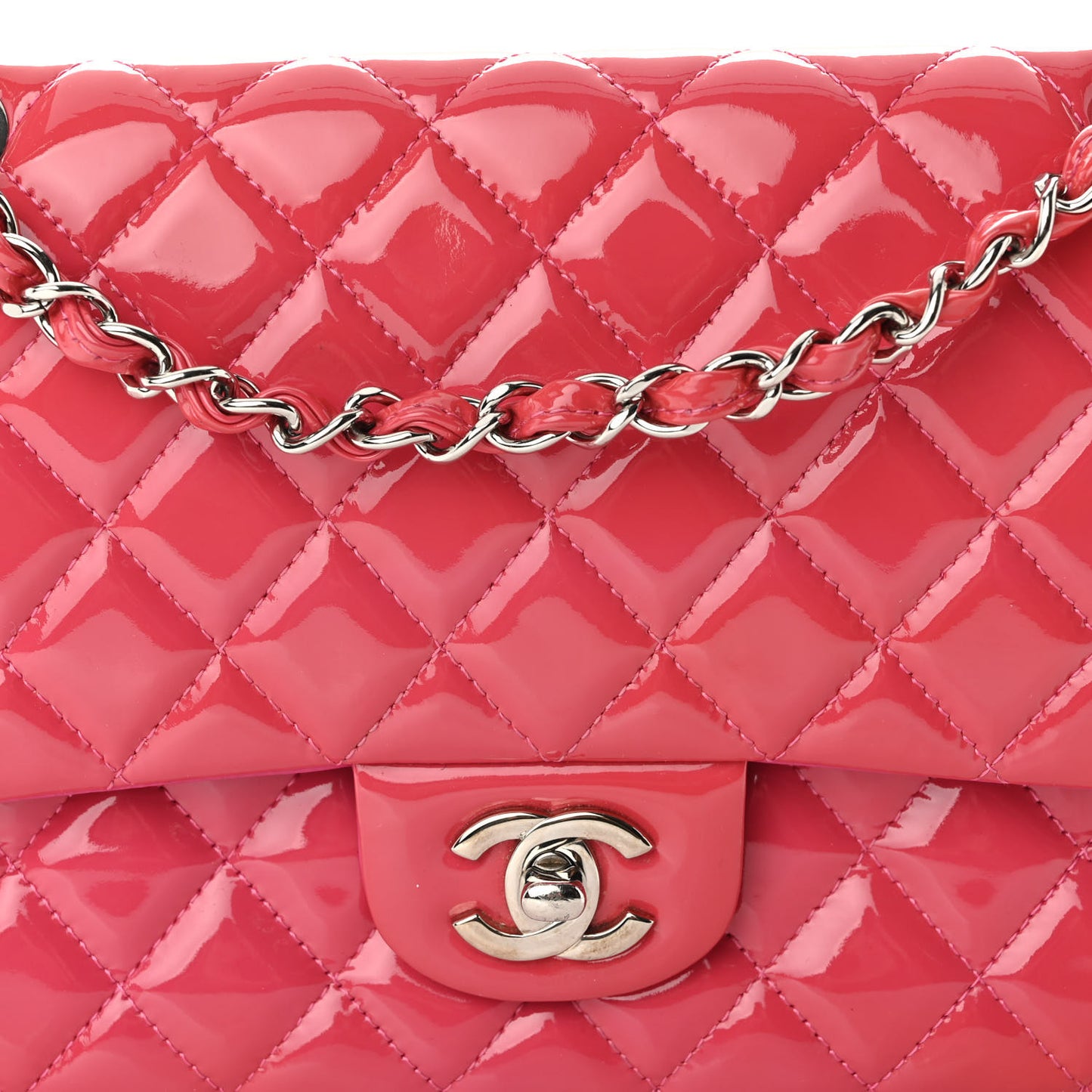 Patent Calfskin Quilted Medium Double Flap Pink