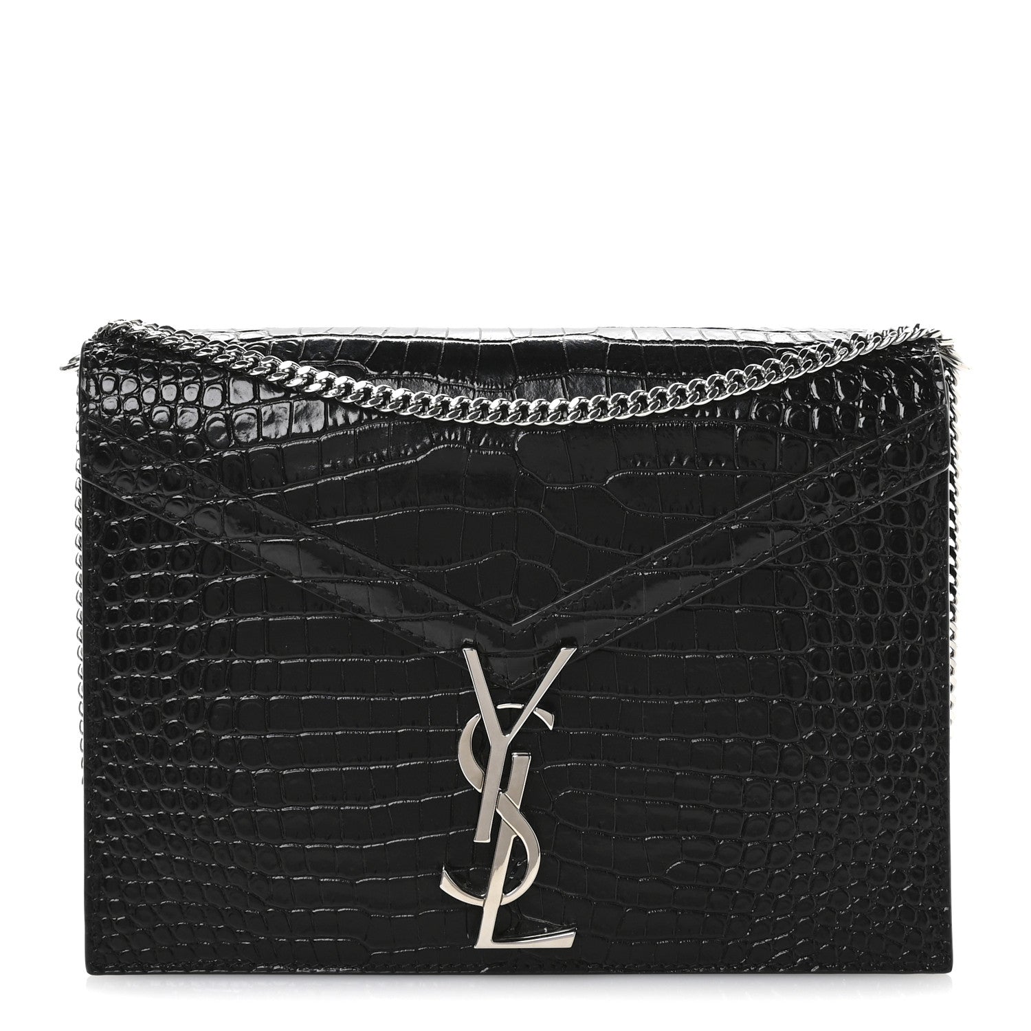 Saint Laurent Calfskin Crocodile Embossed Monogram Cassandra Clasp Bag Black Rouge Legion 1 of 10