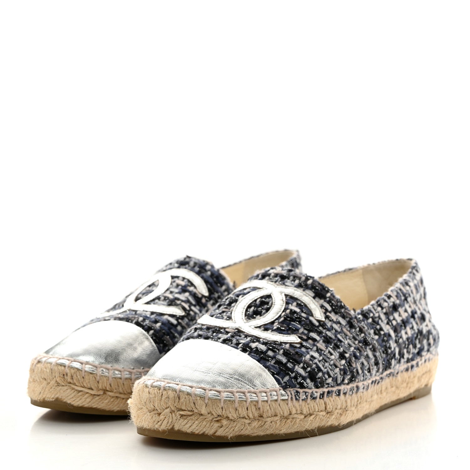 Chanel Metallic Tweed Lambskin CC Espadrilles 39 Blue Black Silver 3 of 8