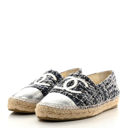 Chanel Metallic Tweed Lambskin CC Espadrilles 39 Blue Black Silver 3 of 8