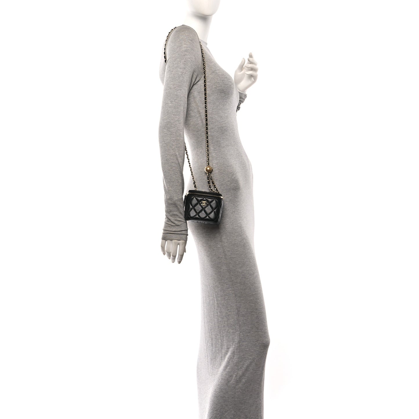 Lambskin Quilted Mini Pearl Crush Vanity Case With Chain Black