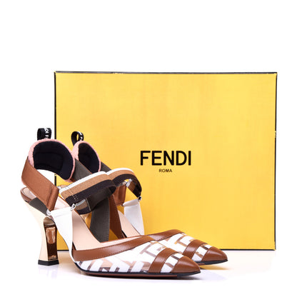 Fendi PVC Vitello FF Colibri 85mm Slingback Pumps 37.5 Transparent White Cuoio Avana 10 of 10